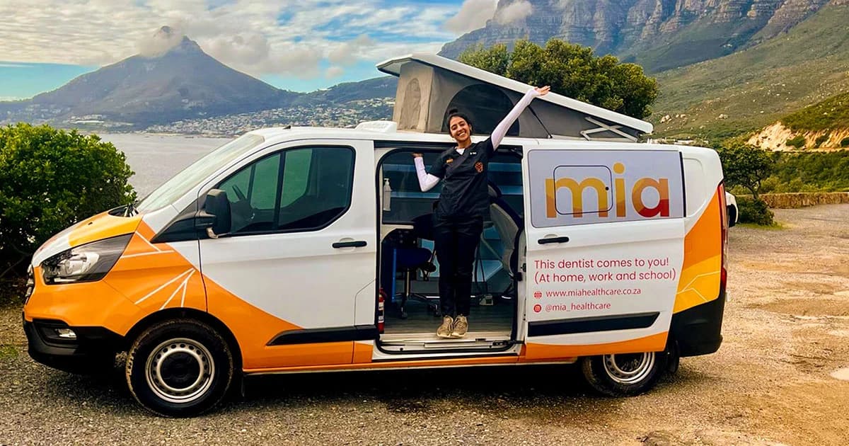 Mia Mobile clinic van with its pop-up roof raised at the roadside