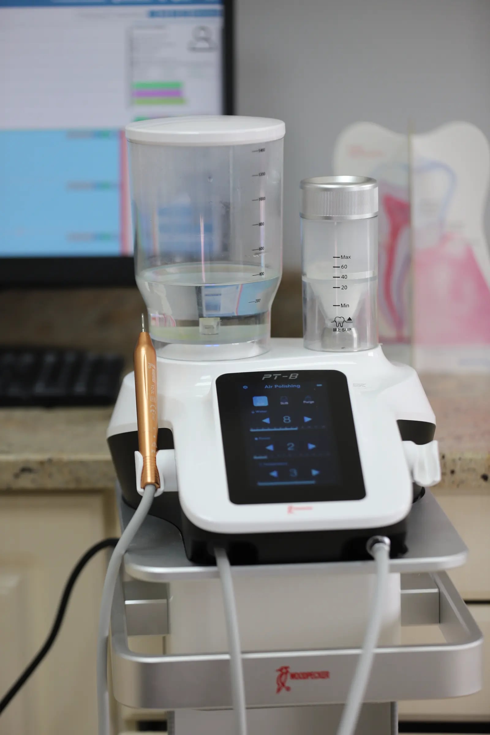 Dental cleaning-unit touchscreen on a counter