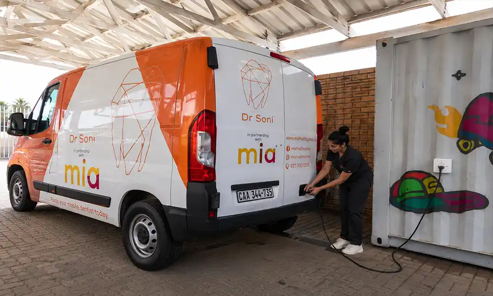 Mia mobile dental unit arriving and setting up on school grounds