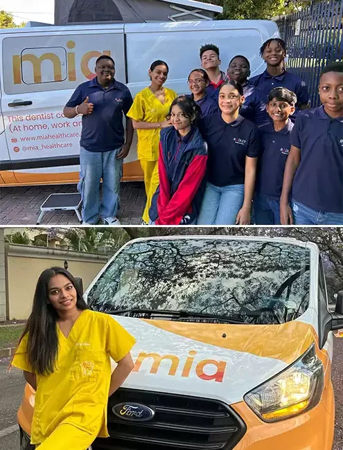 School learners standing with the Mia mobile clinic van and a Mia clinician